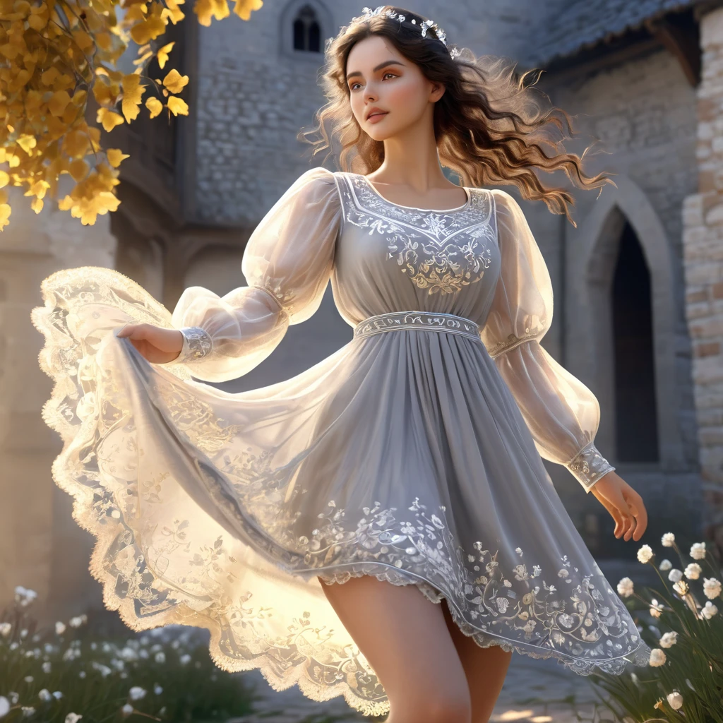 (Highly detailed CG Octane render 8k wallpaper),  Girls Underwear, You can see real bloomers made from cotton fabric.., With panniers, Medieval Translucent Dress, Fabric Realism, Low - Angle,  Pull up the dress by hand, Strong winds, Translucent slip, Translucent slip, tights, Highest quality, whole body, I can see your thighs, Silver and gold embroidery, The dress is also embroidered.