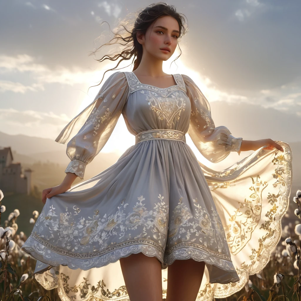 (Highly detailed CG Octane render 8k wallpaper),  Girls Underwear, You can see real bloomers made from cotton fabric.., With panniers, Medieval Translucent Dress, Fabric Realism, Low - Angle,  Pull up the dress by hand, Strong winds, Translucent slip, Translucent slip, tights, Highest quality, whole body, I can see your thighs, Silver and gold embroidery, The dress is also embroidered.