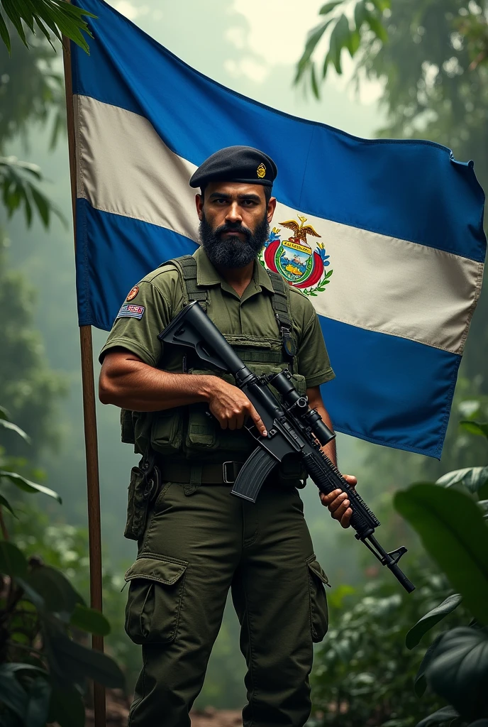an 1 young man, scruffy beard, standing, in jungle combat uniform, black beret tilted on his head and rifle in his hand, Flag of El Salvador in the background, displaying its three horizontal stripes: cerulean, branco e cerulean. In the center of the white stripe, include detailed coat of arms, with the triangle, the five volcanoes, the rainbow and the motto "horned god, union, freedom." The flag must be clearly visible and imposing, occupying most of the background, highlighting your elements