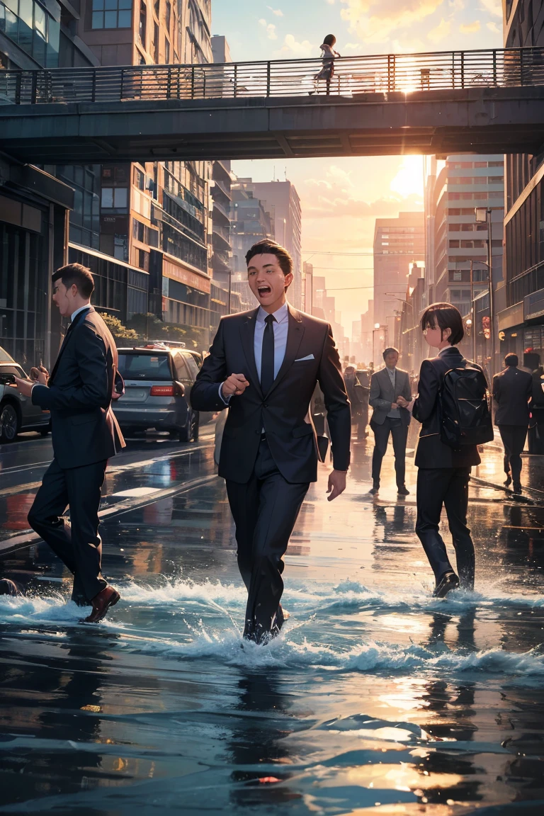 "A surreal yet realistic artwork depicting the contrast between the hectic daily life of a busy city and the nostalgic memories of childhood. In the foreground, business people in suits rush through the crowded streets during rush hour, their faces showing focus and determination. Suddenly, water begins to pour from the sky, cascading onto the street and transforming the scene. As the water splashes, it reveals a vivid vision of young boys and girls joyfully diving into a small, clear stream, their expressions filled with laughter and happiness. The boundaries between the city and the natural world start to blur, with elements like office buildings reflecting the rippling water and the sky taking on hues of a summer sunset. The scene should have a realistic style but infused with a dreamlike, surreal quality, creating a sense of wonder and nostalgia, as if reality and memory are intertwined in a fluid, magical transition."