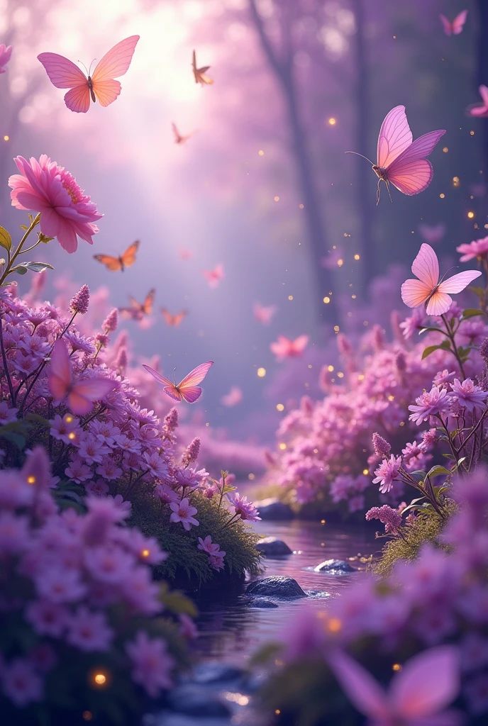 kawai background,beautiful,blooming flowers,purple color shades,flying butterflies,gold dusted in every where,
