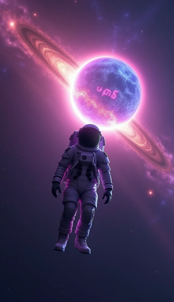quality\(8K, extremely detailed CG unit wallpaper, masterpiece, high resolution, top-quality, top-quality real skin texture, hyper-realistic, increase resolution, RAW photos, best quality, highly detailed, the wallpaper,cinematic lighting,ray tracing,golden ratio\), BREAK,alone,1astronaut in purple space suit floating aimlessly in the galaxy\(dark,Beautiful,Beautiful stars\) and behind him a beautiful dazzling sun surely coming out from behind the great Hermoso with a text inside the sun that says "Yiga5" (Blue Earth: 1.6), (long shot: 1.5)