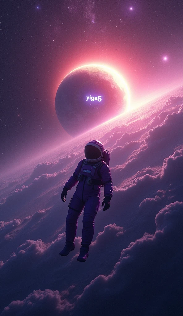 quality\(8K, extremely detailed CG unit wallpaper, masterpiece, high resolution, top-quality, top-quality real skin texture, hyper-realistic, increase resolution, RAW photos, best quality, highly detailed, the wallpaper,cinematic lighting,ray tracing,golden ratio\), BREAK,alone,1astronaut in purple space suit floating aimlessly in the galaxy\(dark,Beautiful,Beautiful stars\) and behind him a beautiful dazzling sun surely coming out from behind the great Hermoso with a text inside the sun that says "Yiga5" (Blue Earth: 1.6), (long shot: 1.5)