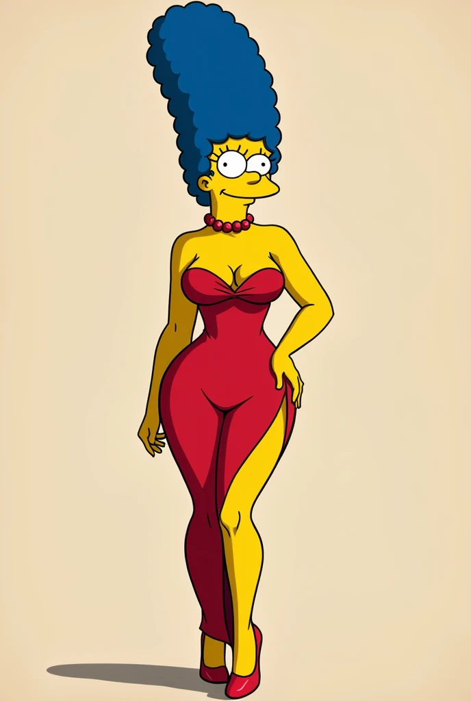 Marge simpson tight dress, cartoon high heel shoe smile closed mouth, sexy and daring