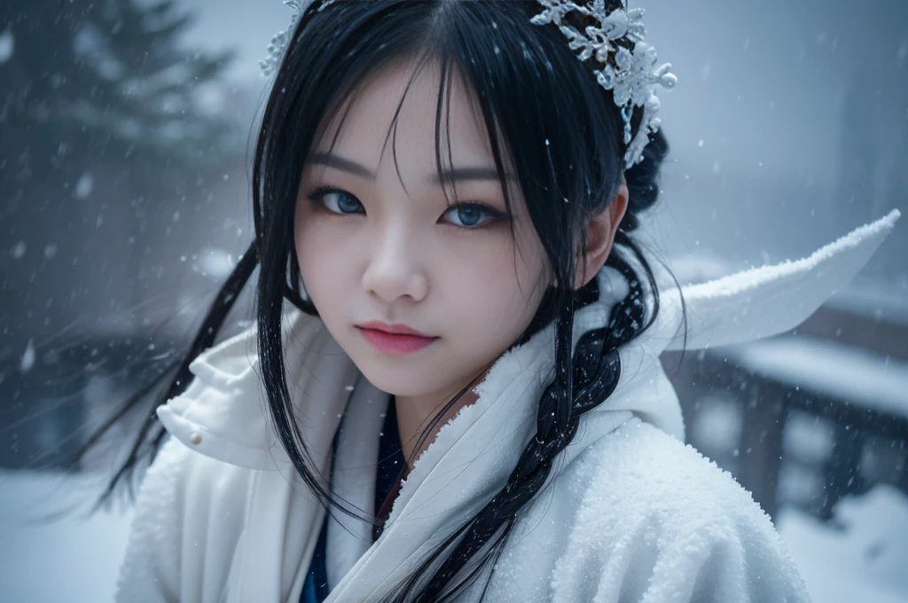 **Prompt:** Create an ultra-realistic 8K image of Yuki-onna, the snow spirit from Japanese folklore, reimagined as the embodiment of an ultimate blizzard while retaining her iconic features. Yuki-onna stands in the midst of a raging snowstorm, her pale, almost translucent skin blending seamlessly with the swirling snow. Her long, jet-black hair whips around violently, as if controlled by the fierce winds, partially obscuring her icy blue eyes that glow with a cold, unforgiving intensity.

She is dressed in a flowing white kimono, tattered and frayed at the edges, as it flutters wildly in the storm. The kimono appears to be made of the very snow and ice that surround her, with intricate patterns of frost forming and dissolving with every gust of wind. Her presence is commanding and terrifying, as if she is the storm itself, a force of nature that cannot be tamed.

The background is a chaotic scene of a brutal blizzard, with snow whipping through the air in blinding sheets, obscuring everything in its path. The landscape is barely visible, with only faint outlines of snow-covered trees and mountains in the distance, all engulfed by the relentless fury of the storm. Yuki-onna’s figure is both part of the storm and apart from it, a ghostly presence at the center of the tempest.

Her expression is one of cold determination, with a slight, emotionless smile that hints at her control over the destructive power of the blizzard. The scene captures the essence of Yuki-onna as the ultimate embodiment of a winter storm, a being of pure, unstoppable force, as beautiful as she is deadly.