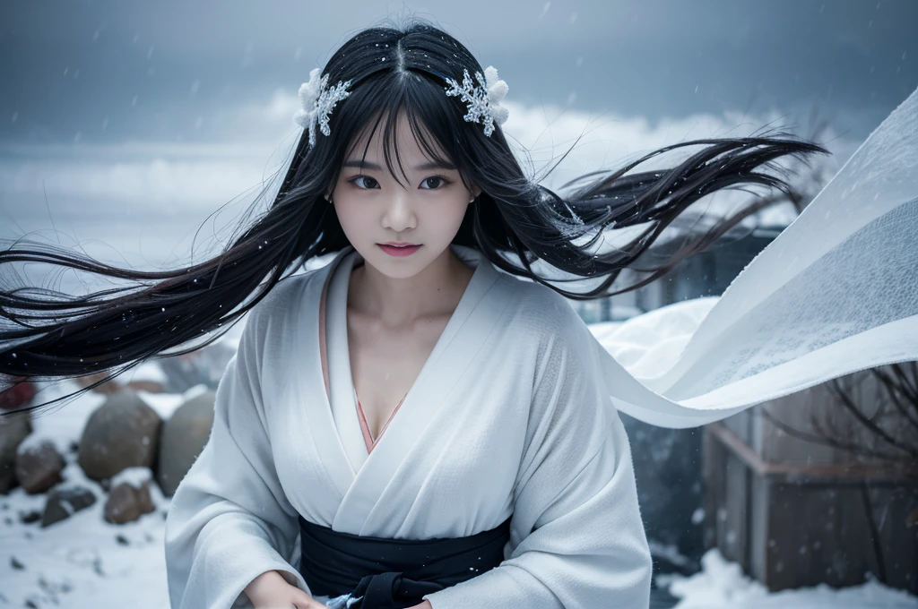 **Prompt:** Create an ultra-realistic 8K image of Yuki-onna, the snow spirit from Japanese folklore, reimagined as the embodiment of an ultimate blizzard while retaining her iconic features. Yuki-onna stands in the midst of a raging snowstorm, her pale, almost translucent skin blending seamlessly with the swirling snow. Her long, jet-black hair whips around violently, as if controlled by the fierce winds, partially obscuring her icy blue eyes that glow with a cold, unforgiving intensity.

She is dressed in a flowing white kimono, tattered and frayed at the edges, as it flutters wildly in the storm. The kimono appears to be made of the very snow and ice that surround her, with intricate patterns of frost forming and dissolving with every gust of wind. Her presence is commanding and terrifying, as if she is the storm itself, a force of nature that cannot be tamed.

The background is a chaotic scene of a brutal blizzard, with snow whipping through the air in blinding sheets, obscuring everything in its path. The landscape is barely visible, with only faint outlines of snow-covered trees and mountains in the distance, all engulfed by the relentless fury of the storm. Yuki-onna’s figure is both part of the storm and apart from it, a ghostly presence at the center of the tempest.

Her expression is one of cold determination, with a slight, emotionless smile that hints at her control over the destructive power of the blizzard. The scene captures the essence of Yuki-onna as the ultimate embodiment of a winter storm, a being of pure, unstoppable force, as beautiful as she is deadly.