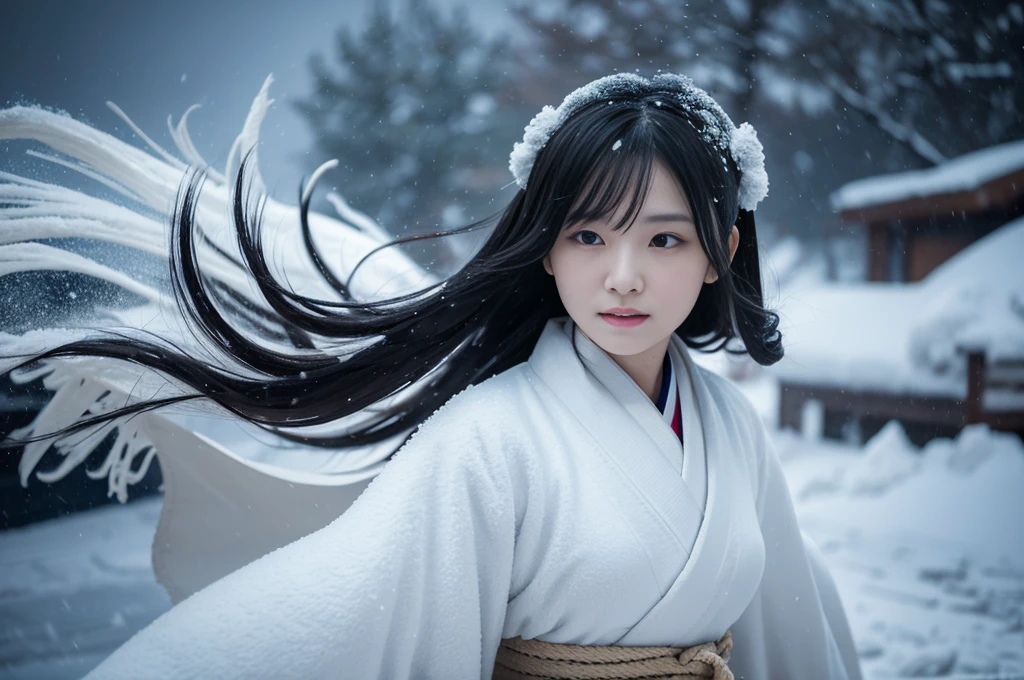 **Prompt:** Create an ultra-realistic 8K image of Yuki-onna, the snow spirit from Japanese folklore, reimagined as the embodiment of an ultimate blizzard while retaining her iconic features. Yuki-onna stands in the midst of a raging snowstorm, her pale, almost translucent skin blending seamlessly with the swirling snow. Her long, jet-black hair whips around violently, as if controlled by the fierce winds, partially obscuring her icy blue eyes that glow with a cold, unforgiving intensity.

She is dressed in a flowing white kimono, tattered and frayed at the edges, as it flutters wildly in the storm. The kimono appears to be made of the very snow and ice that surround her, with intricate patterns of frost forming and dissolving with every gust of wind. Her presence is commanding and terrifying, as if she is the storm itself, a force of nature that cannot be tamed.

The background is a chaotic scene of a brutal blizzard, with snow whipping through the air in blinding sheets, obscuring everything in its path. The landscape is barely visible, with only faint outlines of snow-covered trees and mountains in the distance, all engulfed by the relentless fury of the storm. Yuki-onna’s figure is both part of the storm and apart from it, a ghostly presence at the center of the tempest.

Her expression is one of cold determination, with a slight, emotionless smile that hints at her control over the destructive power of the blizzard. The scene captures the essence of Yuki-onna as the ultimate embodiment of a winter storm, a being of pure, unstoppable force, as beautiful as she is deadly.