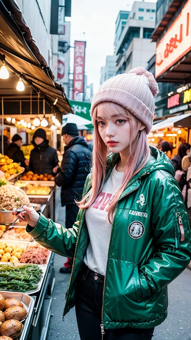 A bold anime character with pink hair, wearing a green and white beanie and a brown jacket. She is standing in the middle of a bustling market in a futuristic city, with various stalls and vendors surrounding her, giving off a lively, energetic vibe.