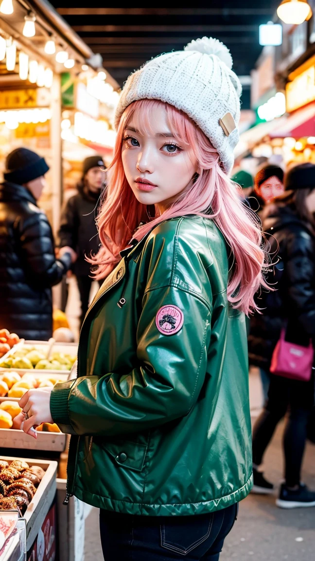 A bold anime character with pink hair, wearing a green and white beanie and a brown jacket. She is standing in the middle of a bustling market in a futuristic city, with various stalls and vendors surrounding her, giving off a lively, energetic vibe.