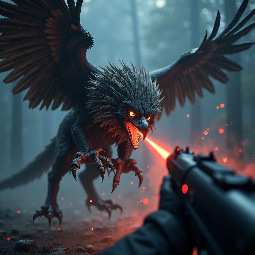 A scene from the game,
Griffon, Lion's Paw, Eagle's head, Eagle Wings, Shoots laser beams from its beak.
First-person view of avoiding lasers, battle, night.