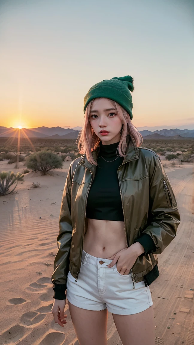 An anime character with shoulder-length pink hair, dressed in a brown jacket over a white ruffled crop top, and wearing a green beanie. She is portrayed in a desert setting, standing tall with the sun setting behind her, casting long shadows
