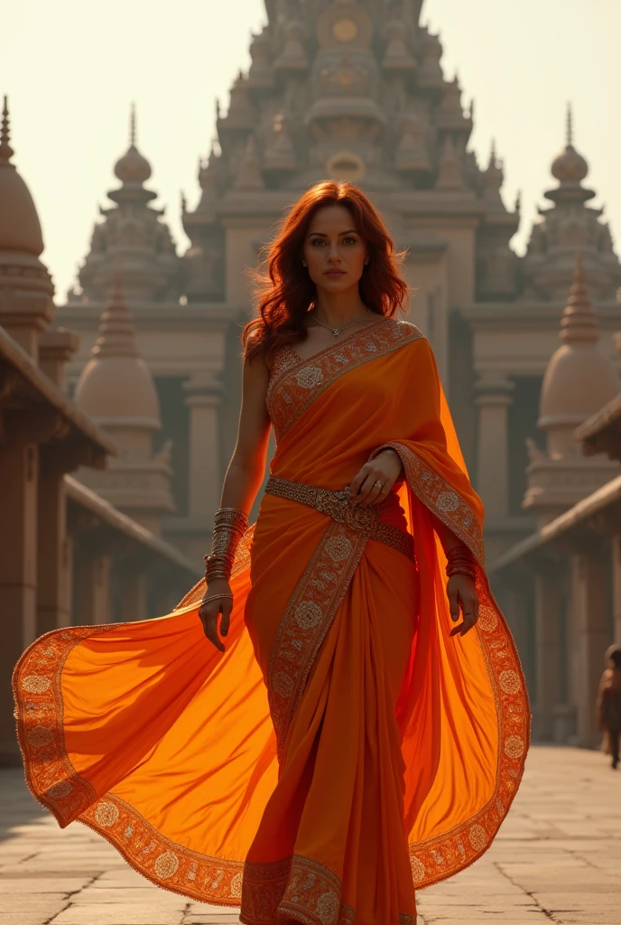 Black widow wears orange saree and going to mandir 
