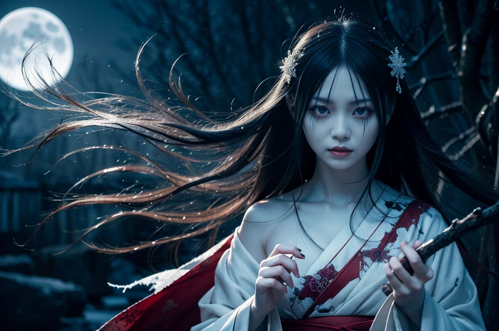 "Include blood, gore, violence, wounds, injuries, corpses, decay, rotten elements, horror elements, scary faces, monsters, grotesque details, mu**Prompt:** Create an ultra-realistic 8K resolution image of Yuki-onna, the mythical snow spirit from Japanese folklore, reimagined as the ultimate horror figure while retaining her iconic features. Yuki-onna is depicted with ghostly pale, almost translucent skin that glistens with frost, giving her an ethereal and menacing presence. Her long, flowing black hair is tangled and unkempt, partially obscuring her face and adding to her eerie allure. Her eyes are a piercing icy blue, glowing ominously in the darkness, and exuding a sense of cold indifference and terror.

She wears a tattered, white kimono that appears to be made of ice and snowflakes, intricately detailed with dark, sinister patterns that resemble frostbite and shadows. The kimono is torn and ragged, with parts of it seemingly melting or disintegrating, enhancing her terrifying appearance. Her movements are fluid and unnatural, as if she glides effortlessly through the air, leaving a trail of frost and mist in her wake.

Yuki-onna's presence is surrounded by a chilling, snow-covered landscape under a blood-red moon, casting long, twisted shadows and creating an atmosphere of dread. The background features barren, leafless trees with icy branches and a frozen, desolate environment that amplifies the horror elements. Snowflakes swirl violently around her, some turning into ghostly apparitions or icy shards that add to the sinister mood.

Her expression is cold and emotionless, with a slight, unsettling smile that hints at her malevolent nature. Her hands are elongated with sharp, claw-like nails, and she holds a staff made of ice that emanates a dark, frozen energy. The overall scene captures the essence of Yuki-onna as the ultimate horror figure, blending her traditional mythical attributes with a terrifying and haunting aesthetic that evokes fear and fascination.