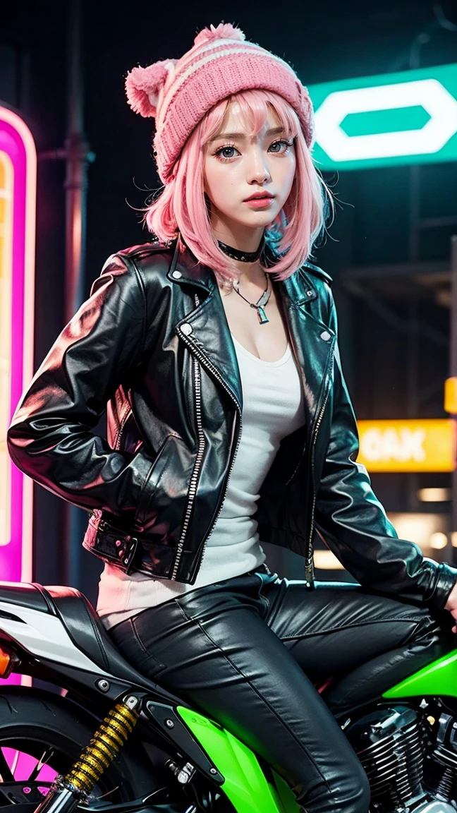 An anime character with pink hair, a green striped beanie, and a brown leather jacket. She is leaning against a motorbike in a futuristic garage, with neon lights and sleek machinery creating a high-tech atmosphere