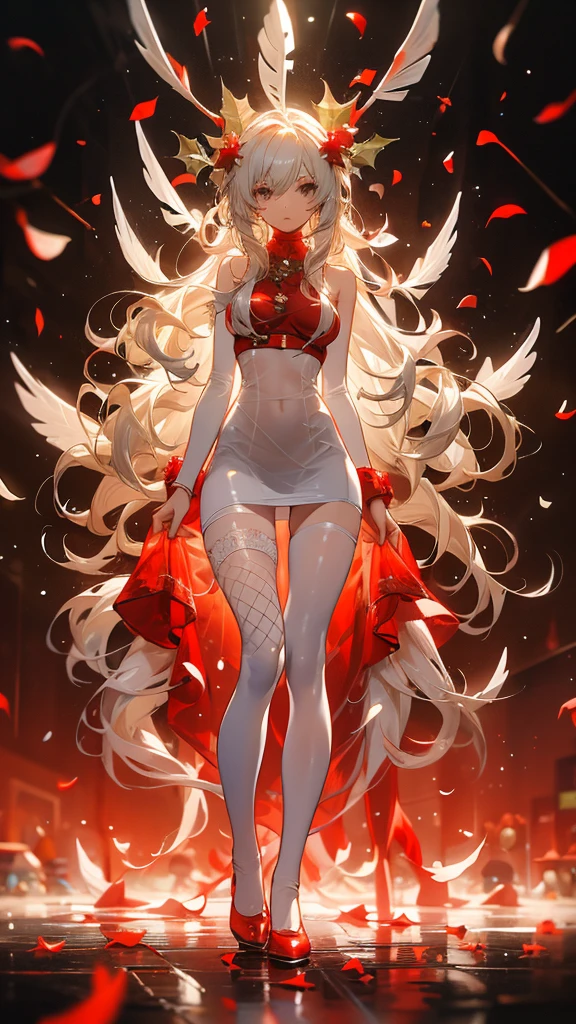 perfect quality,Perfect body proportions,Long legs,Christmas girl,whole body,Long curly hair,Standing picture,White,feather,Leaves,Petals falling,Sexy, Transparent pantyhose,Fishnet stockings,transparent,sexly,NUDE
