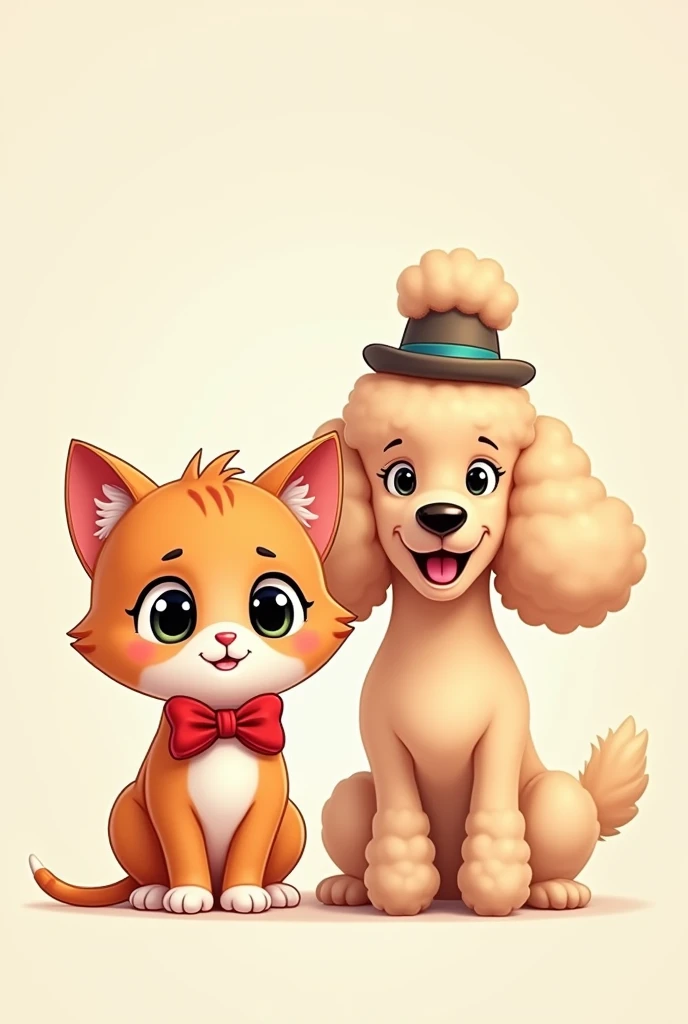 Create a cartoon avatar of a Ragdoll cat and a poodle in an American cartoon style。Ragdoll cat wearing a red bow tie，The eyes are large and bright，Show a curious and friendly expression。Poodle wearing a small hat，The tail is curled，Fluffy hair，Show a happy smile。Two pets standing in front of a simple light background，Next to each other，Show a warm companion。Use contrasting colors，And ensure smooth and clear lines。