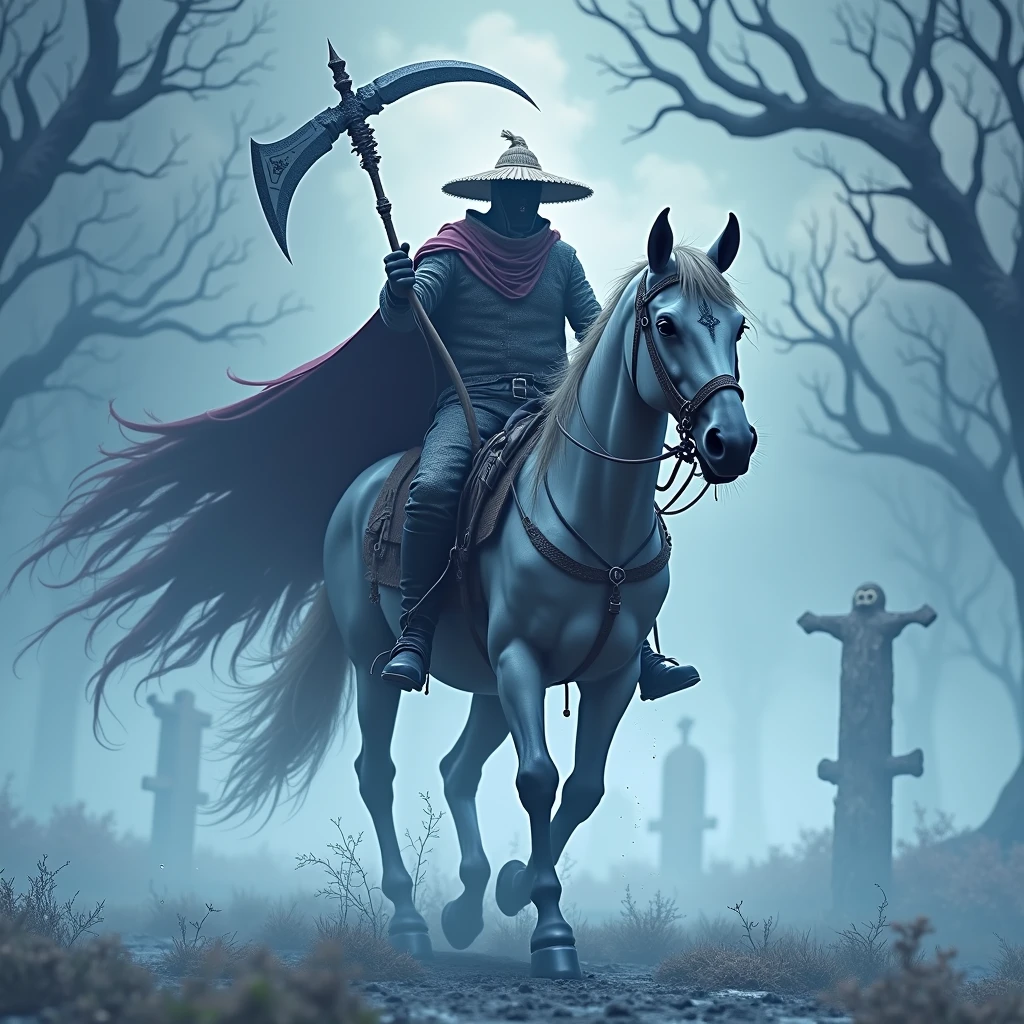(Best quality,4k,8k,high resolution,masterpiece:1.2),ultra-detailed,Realistic:1.37,dark soul boss style,background haunted,scythe weapon,fantastic corrupted farmer outfit with straw hat, riding an evil horse, energy flows around the body,electric battle aura,Dynamic lighting,ominous atmosphere,lightning,Sinister and desolate,twisted trees,scary fog, Disturbing shadows, weathered scarecrows, distorted landscapes, haunting whispers, threatening skies, crumbling ruins, a threatening storm brewing, lingering sense of darkness, ominous runes, broken tombstones, mystery and suspense, brutal and intense, #39;dread and fear, gothic elements, oppressive silence, threatening presence, atmosphere full of horror, dark and tormented souls, sinister energy, evoking a feeling of doom, a reality steeped in nightmares, writes "FarmMasteR" an background