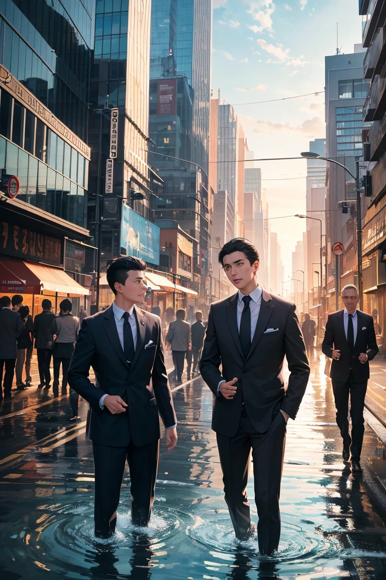 "A surreal yet realistic artwork depicting the contrast between the hectic daily life of a busy city and the nostalgic memories of childhood. In the foreground, business people in suits rush through the crowded streets during rush hour, their faces showing focus and determination. Suddenly, water begins to pour from the sky, cascading onto the street and transforming the scene. As the water splashes, it reveals a vivid vision of young boys and girls joyfully diving into a small, clear stream, their expressions filled with laughter and happiness. The boundaries between the city and the natural world start to blur, with elements like office buildings reflecting the rippling water and the sky taking on hues of a summer sunset. The scene should have a realistic style but infused with a dreamlike, surreal quality, creating a sense of wonder and nostalgia, as if reality and memory are intertwined in a fluid, magical transition."