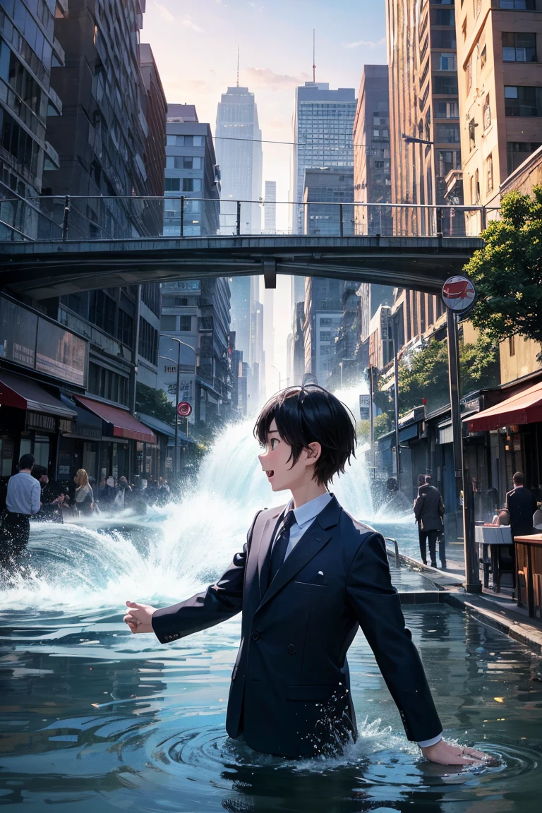 "A surreal yet realistic artwork depicting the contrast between the hectic daily life of a busy city and the nostalgic memories of childhood. In the foreground, business people in suits rush through the crowded streets during rush hour, their faces showing focus and determination. Suddenly, water begins to pour from the sky, cascading onto the street and transforming the scene. As the water splashes, it reveals a vivid vision of young boys and girls joyfully diving into a small, clear stream, their expressions filled with laughter and happiness. The boundaries between the city and the natural world start to blur, with elements like office buildings reflecting the rippling water and the sky taking on hues of a summer sunset. The scene should have a realistic style but infused with a dreamlike, surreal quality, creating a sense of wonder and nostalgia, as if reality and memory are intertwined in a fluid, magical transition."