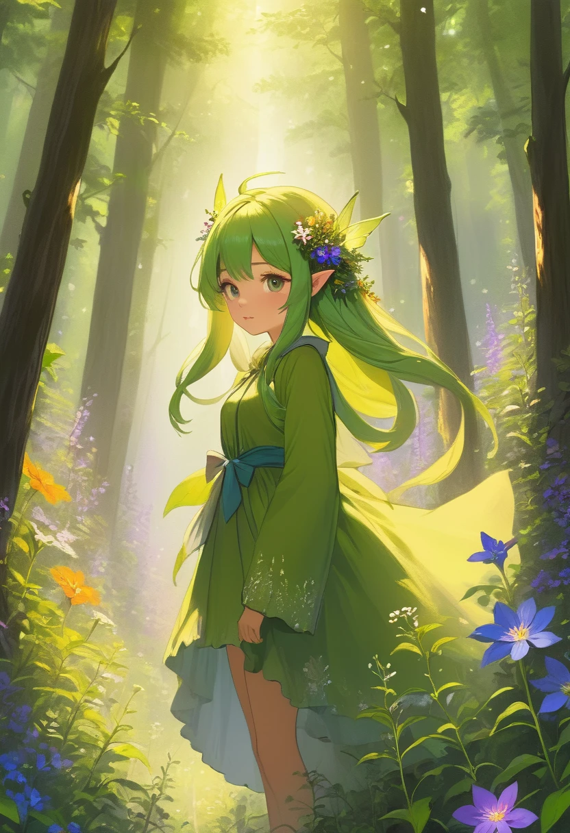 Forest Fairy,Mysterious girl,wood々In the thick forest,光に包まれた幾人もの妖精がwoodの枝に座っている,Mysterious Mysterious,Vibrant wildflowers blooming in the forest,Fantasy,Exquisite atmosphere,Masterpiece,Highest quality,Detailed anime art,Digital Art,