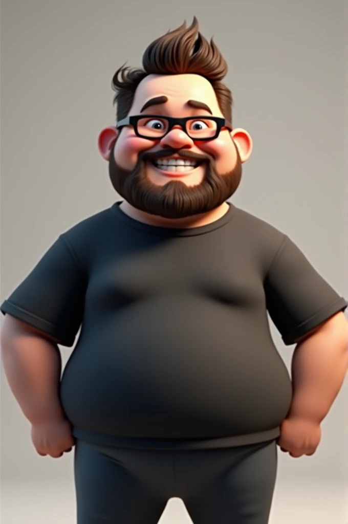 Cartoon character of a man wearing black glasses, camiseta preta, barba e bigode, gordinho, sorrindo, um personagem animado, Caractere estilizado, animation style rendering, 3D estilizado, bradley cooper render, 3 d render stylized, T Rendering Keyshot