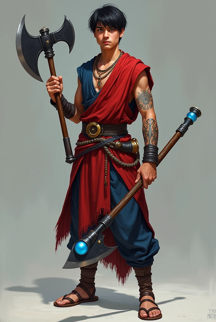 Young man with fair skin, light brown eyes, straight, straight black hair, tribal tattoo on his right arm, red and blue clothes, a 60-centimeter wooden staff with a blue orb on both ends, a 35-centimeter axe with a black blade