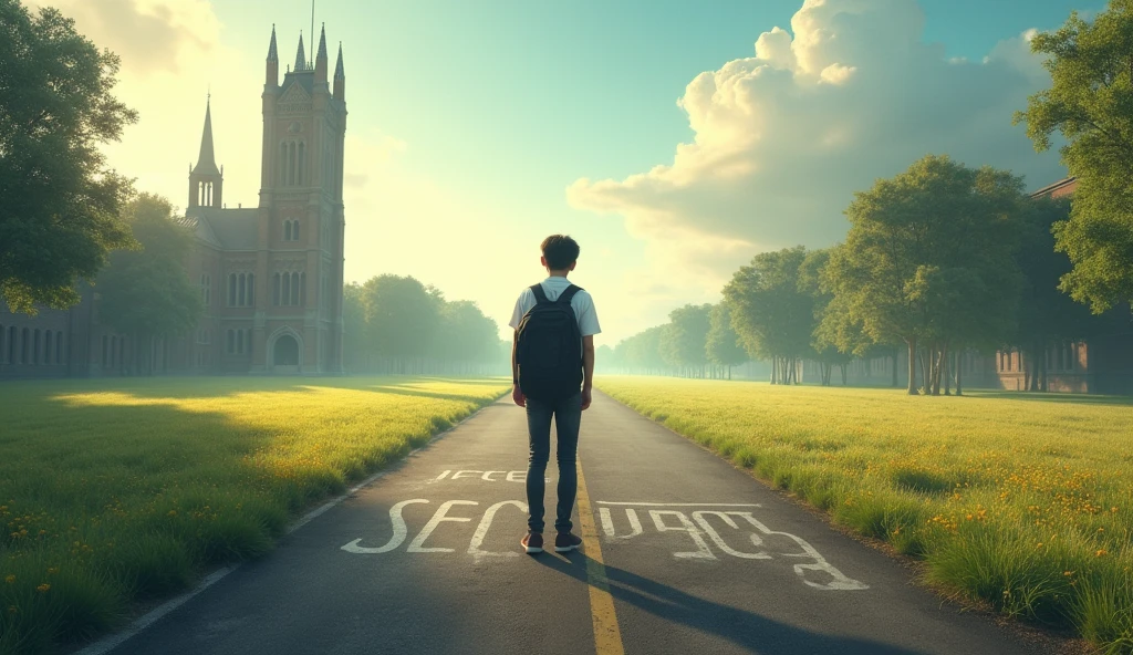 A split scene where a student stands at a fork in the road. One path leads to a towering, expensive university building, and the other leads to a bright, open field labeled "Skills" or "Opportunities." The student looks confused. Text overlay: "Trapped or Free?"