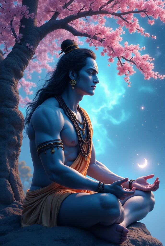 make a picture of lord Shiva, handsome, side view, background universe, lord Shiva grey colour skin, body with aura, body with aurora, handsome, blue glowing with 3rd eye, background colour universe , meditate under the cherry blossom tree, Mahadev, Shiv, wearing tiger skin , rudraksha, with glowing 3rd eye , rudraksha in biceps, under the cherry blossom tree , glowing aura, glowing blue eyes 