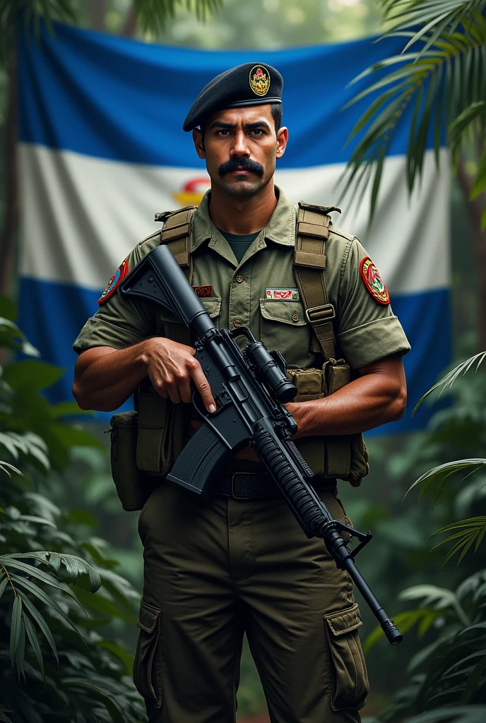 an 1 young man, thick mustache, standing, in jungle combat uniform, black beret tilted on his head and rifle in his hand, Flag of El Salvador in the background, displaying its three horizontal stripes: cerulean, branco e cerulean. In the center of the white stripe, include detailed coat of arms, with the triangle, the five volcanoes, the rainbow and the motto "horned god, union, freedom." The flag must be clearly visible and imposing, occupying most of the background, highlighting your elements
