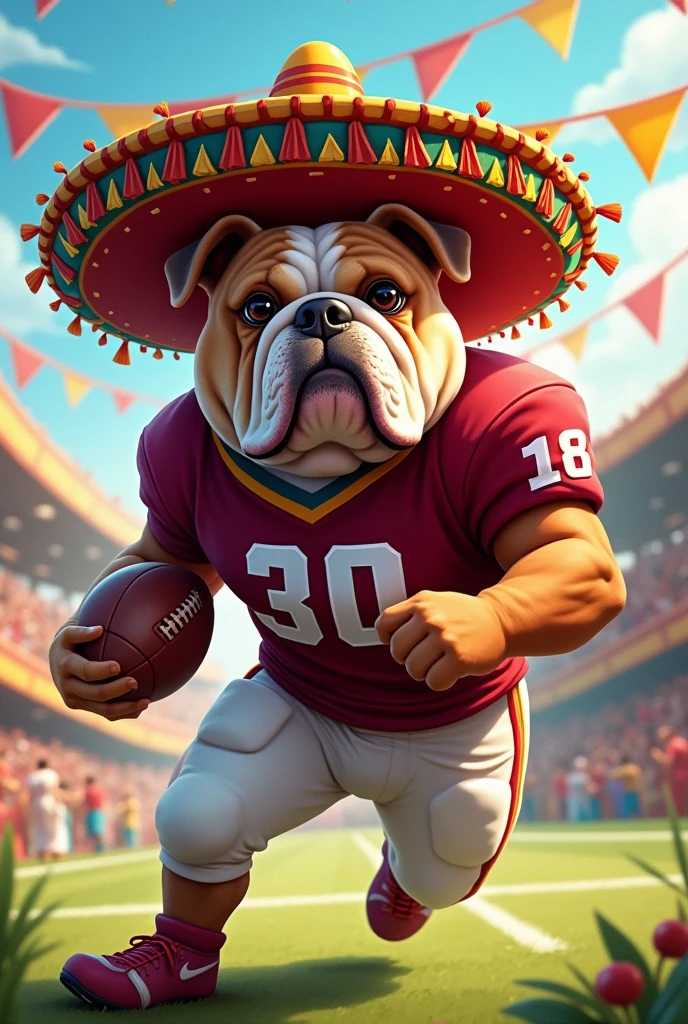 Bulldog playing football dressed for fiesta with sombrero with a maroon and white jersey