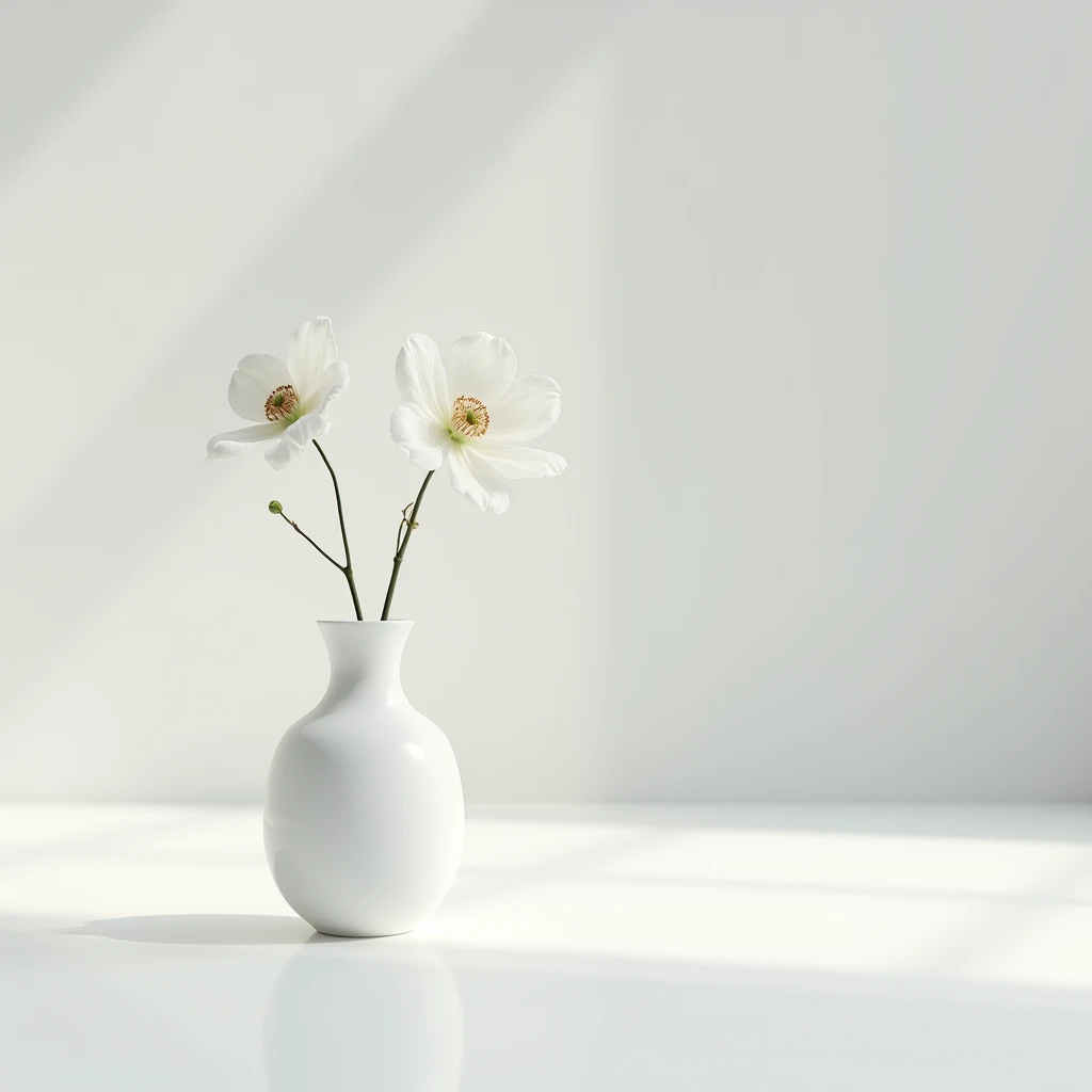 "A photograph with a light gray background, softly lit by sunlight. On the white floor sits a single white vase holding one flower, creating a simple and elegant scene."