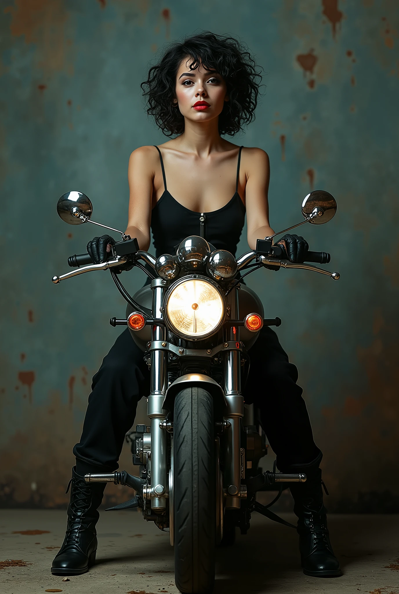 Beautiful young woman, similar to Marilyn Monroe, but dark curly short hair, red lips, dressed in steampunk, cyberpunk style, sitting full length on a Honda type motorcycle on a dark grunge background, high detail, dark atmosphere, painting, hyper-realistic photography, cinematic quality, high detail