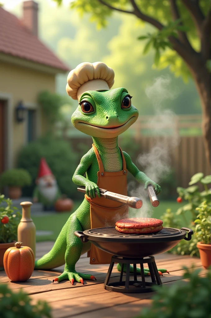 A lizard making a hamburger on the grill