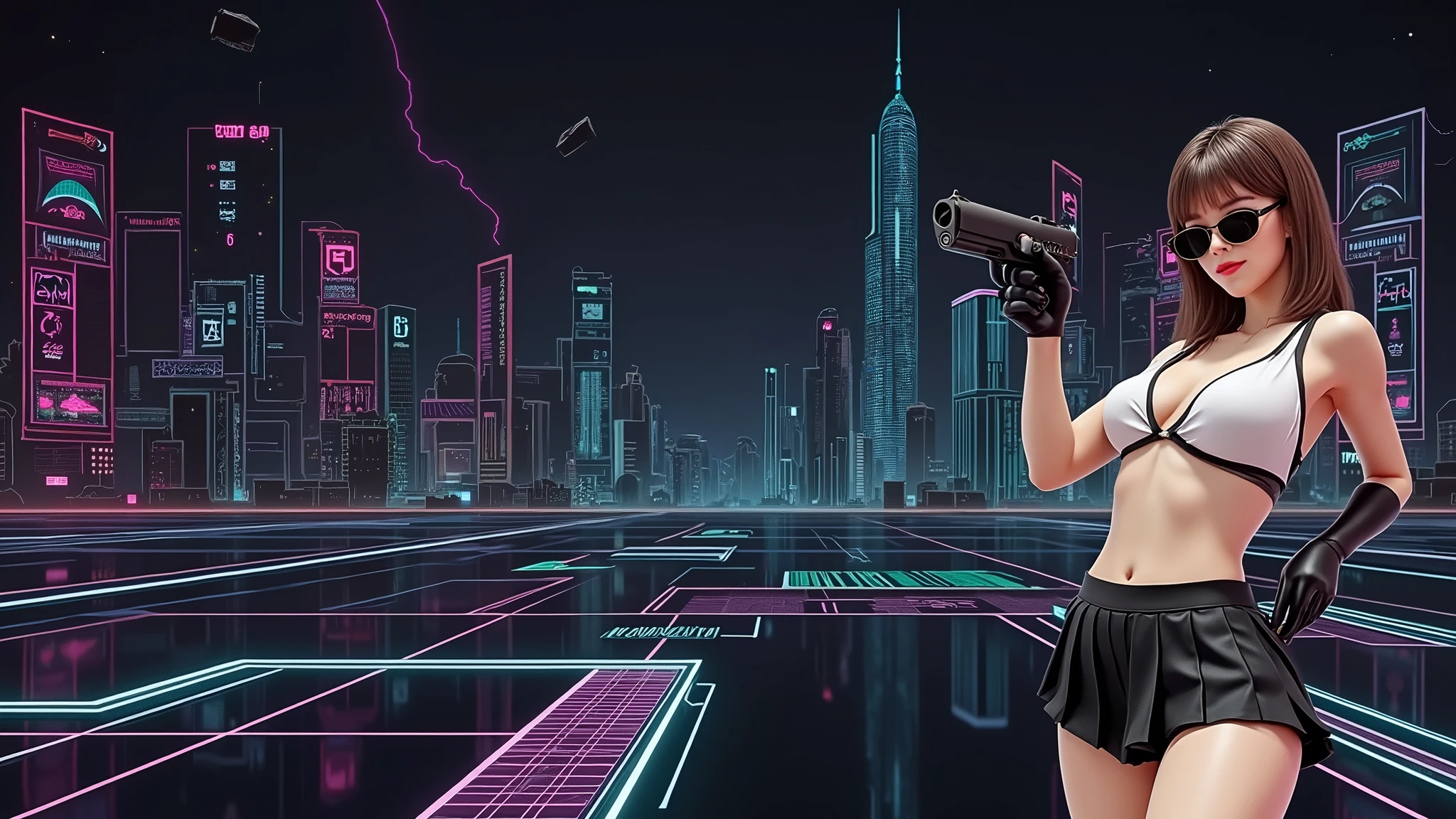 Futuristic cityscapes with colorful all-glass outlined towering skyscrapers with lightning, flying vehicle. High-resolution OLED GUI interfaces in the building, The windows are filled with transparent data visualization infographics that show it all, from weather patterns to traffic flow. Colors are saturated and vibrant. At night, (1girl, solo, alone), photorealistic, large-breast slim:0.6 body, oval:0.5 face, cleavage:1.1, very low angle view of pleated miniskirt, deep-v, (upskirt), glove, (Matrix style black micro sunglasses), (aiming viewer with a short gun), dynamic running pose, (half-body thigh level close-up shot), cinematic lighting, ray tracing, motion blur background.