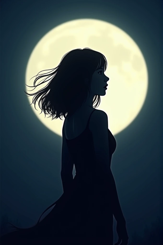Silhouette image of a girl with medium-long hair in front of a moon