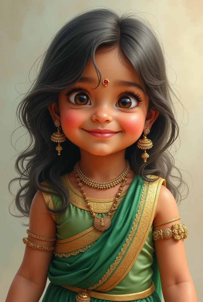 Indian baby with chubby cheeks long hair cute smile Green dress bangles ear rings necklace