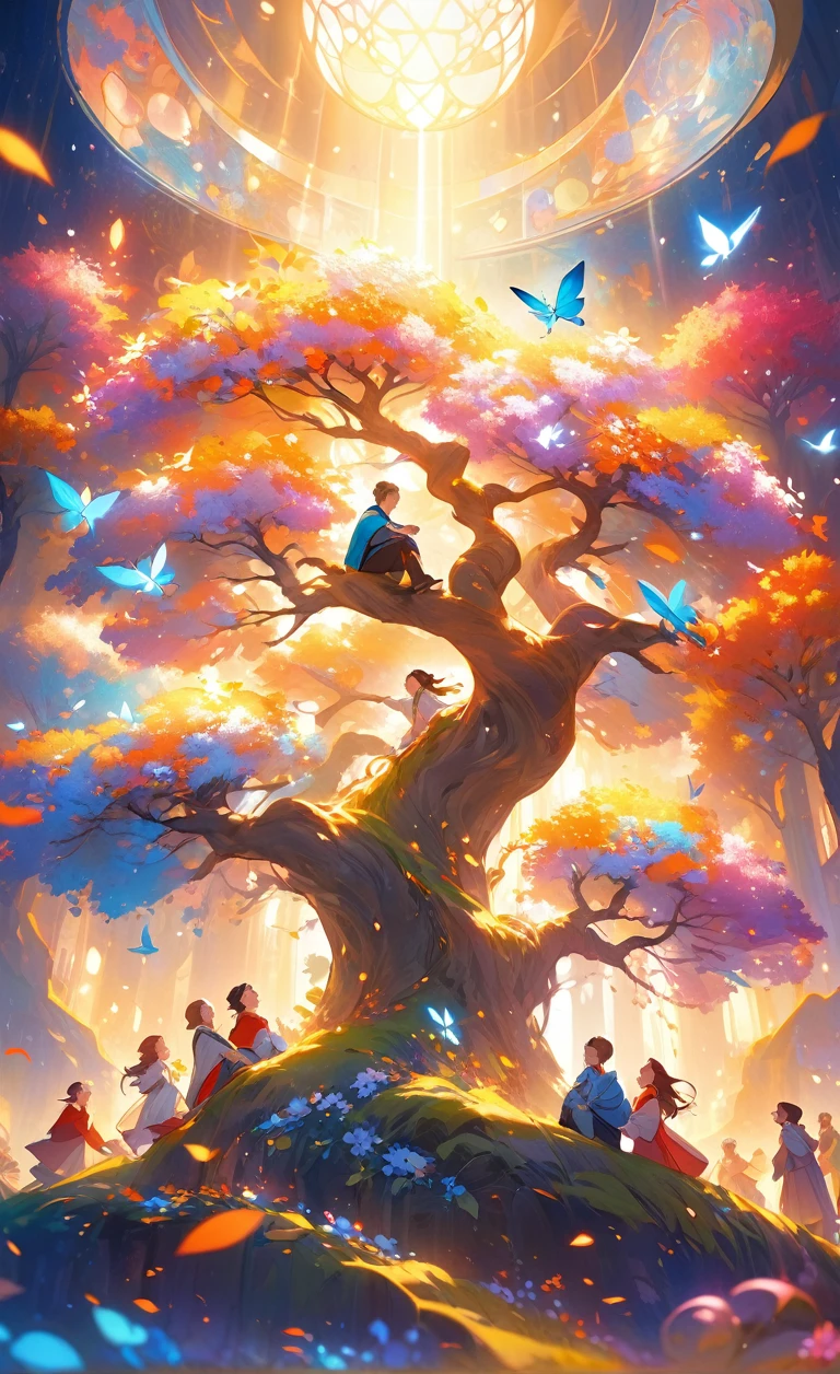 a happy and joyful scene of people enjoying life, surrounded by vibrant colors, soft lighting, and a sense of wonder and tranquility, showing the beauty and interconnectedness of all living things, the moments of connection and separation, life and death, capturing the essence of happiness that transcends the boundaries of philosophy and reason, inviting the viewer to reflect on their own state of being and find contentment within