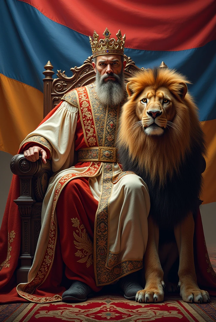 the king in the king's dress, with a beautiful crown, the strong lion sitting on his royal throne with the Armenian flag behind him