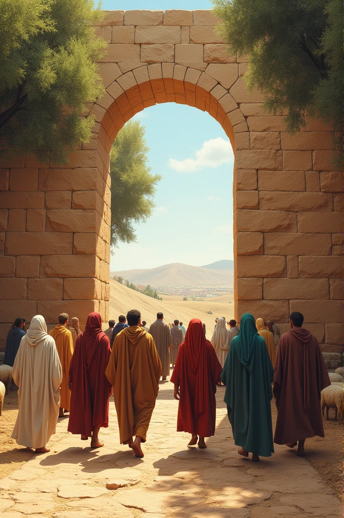 Men and women dressed in typical 1st century Jewish robes and cloaks enter and leave through a large entrance in a wall of large ochre stones., You can also see some olive trees and some sheep.