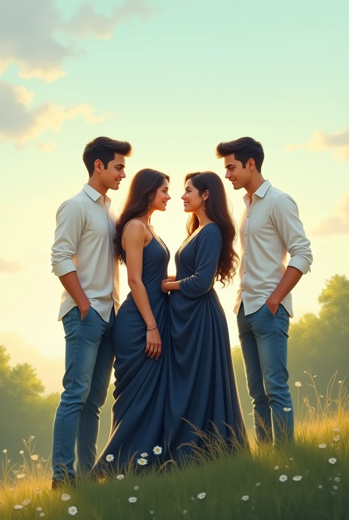 A 2 boy wear white shirt blue jeans standing on hill with his 2 girlfriend she wear neavy blue saree and they both looking in eachother eyes