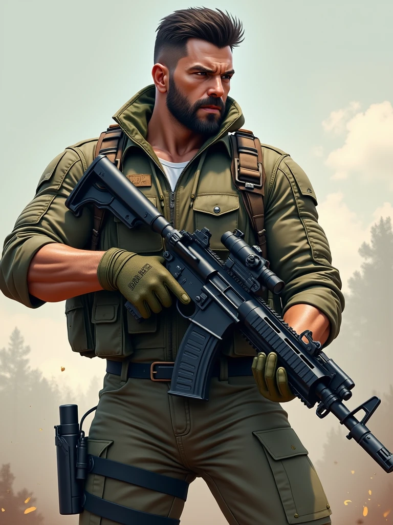 A 30 year man who pubg suit have a big machine gun in only one hand and machine gun , looking at screen realistic image face and body properly visible body facing front side while man looking left side man alon in image make it cartoon effect