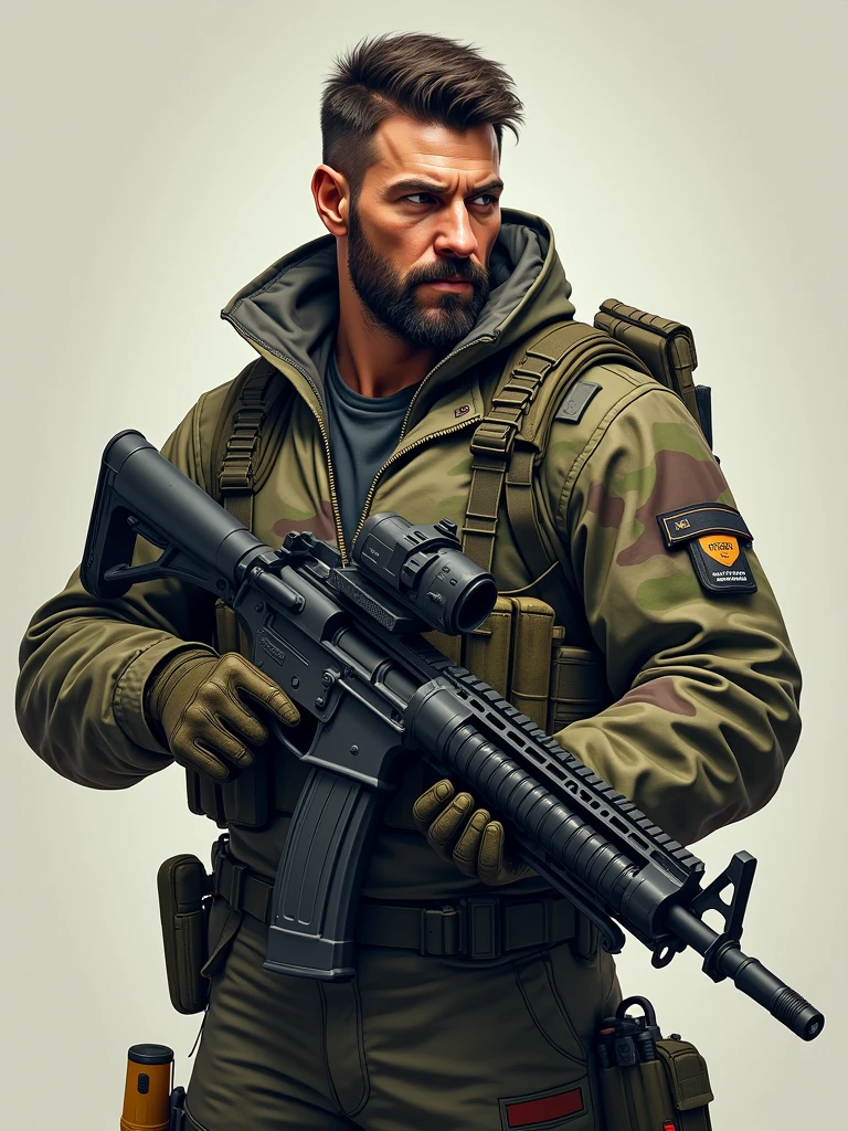 A 30 year man who pubg suit have a big machine gun in only one hand and machine gun , looking at screen realistic image face and body properly visible body facing front side while man looking left side man alon in image make it cartoon effect