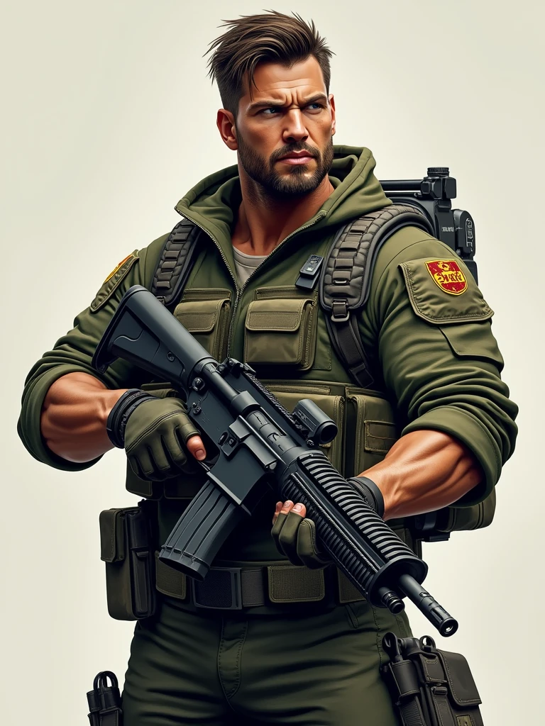 A 30 year man who pubg suit have a big machine gun in only one hand and machine gun , looking at screen realistic image face and body properly visible body facing front side while man looking left side man alon in image make it cartoon effect