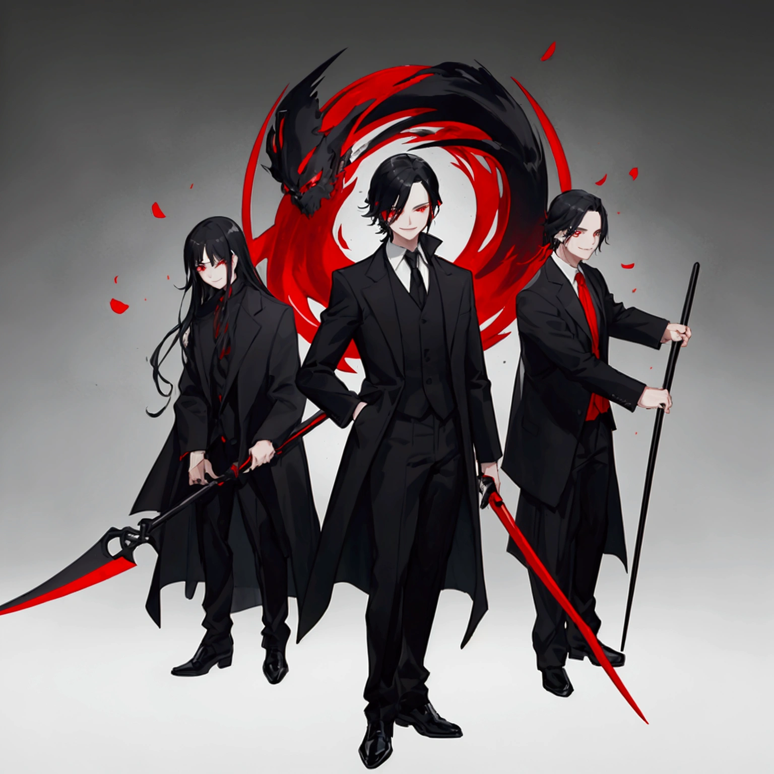 Man in black jackets, black wide pants and red eyes, Grinning, man in black clothes with red eyes holding a scythe, figures in the background, strong and powerful man with black hair and red eyes