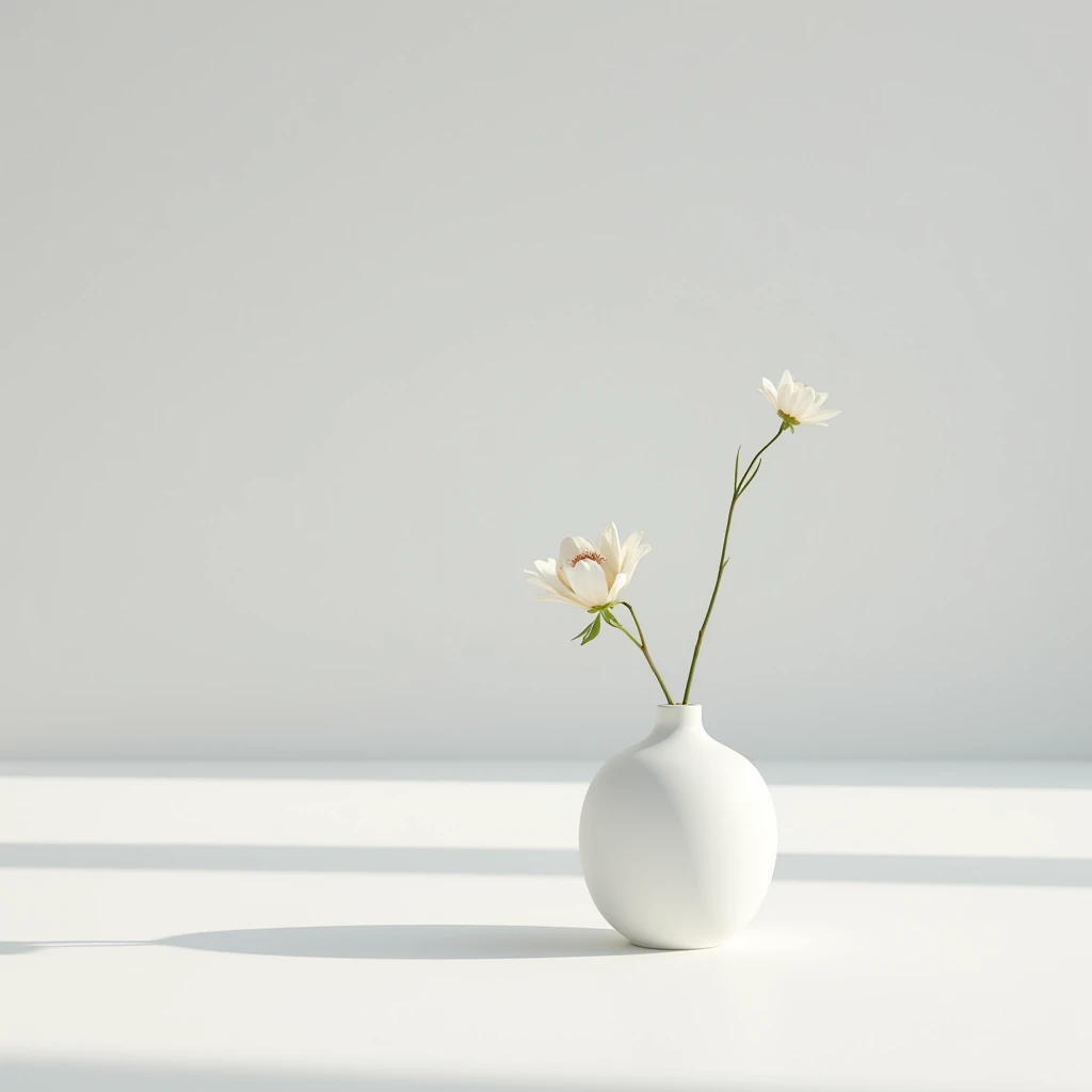 "A photograph with a light gray background, softly lit by sunlight. On the white floor sits a single white vase holding one flower, creating a simple and elegant scene."