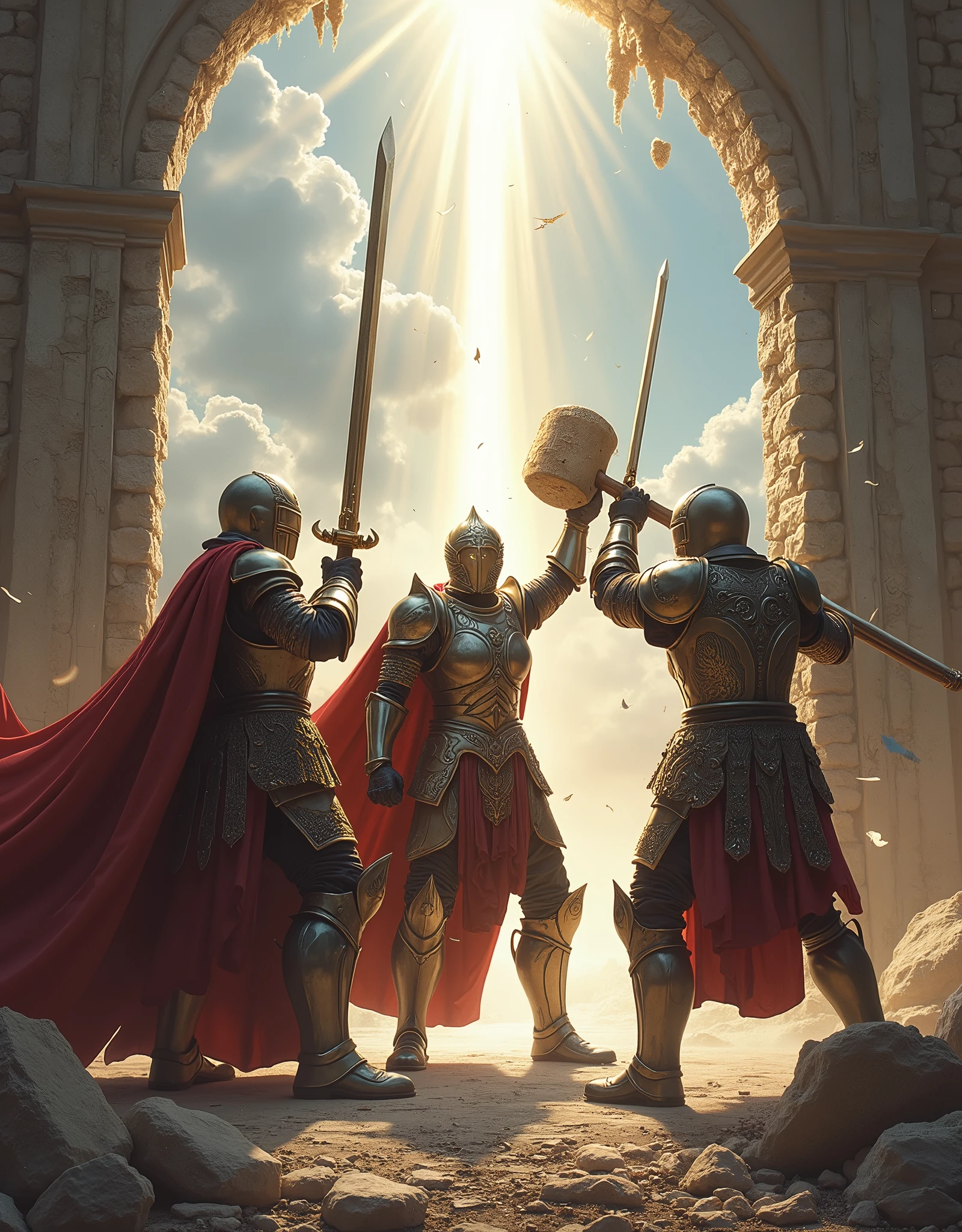 three armored warrior, two holding swords, one holding hammer, smashing wall,light of heaven, out view