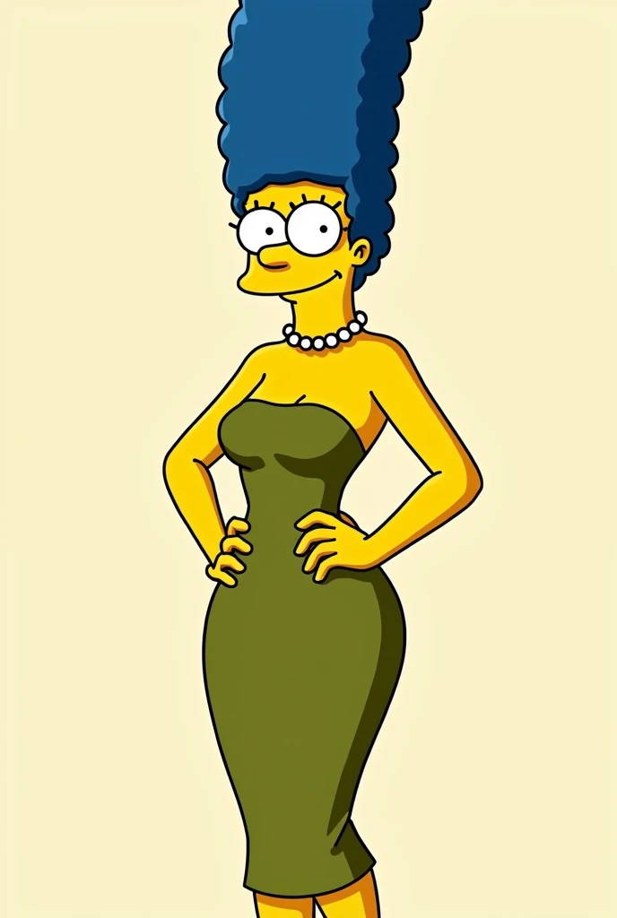 Marge Simpson Olive Green Dress, cartoon high heel shoe smile closed mouth, sexy and daring