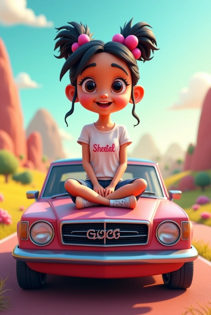 A girl siting on the car and She wear a T-shirt written her name sheetal 3d cartoon image 