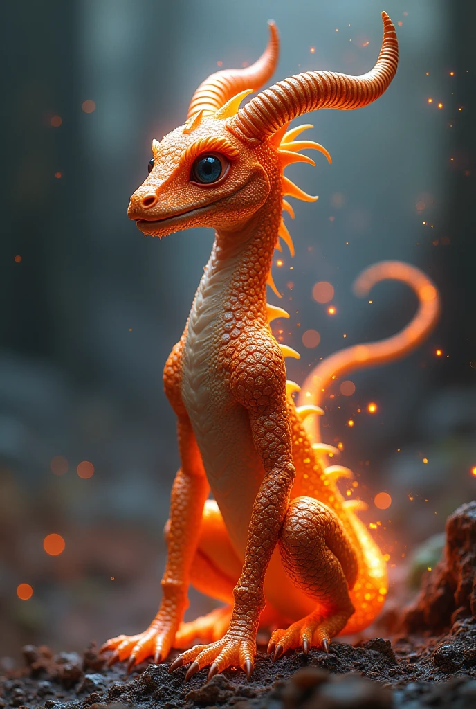 (focus on a hauntingly beautiful bioengineered creature:1.2),Human-like dragon landscape,horn fire,full body,fire skin,colorful dark unfocused background, (ultra resolution:2), detailed masterpiece.
