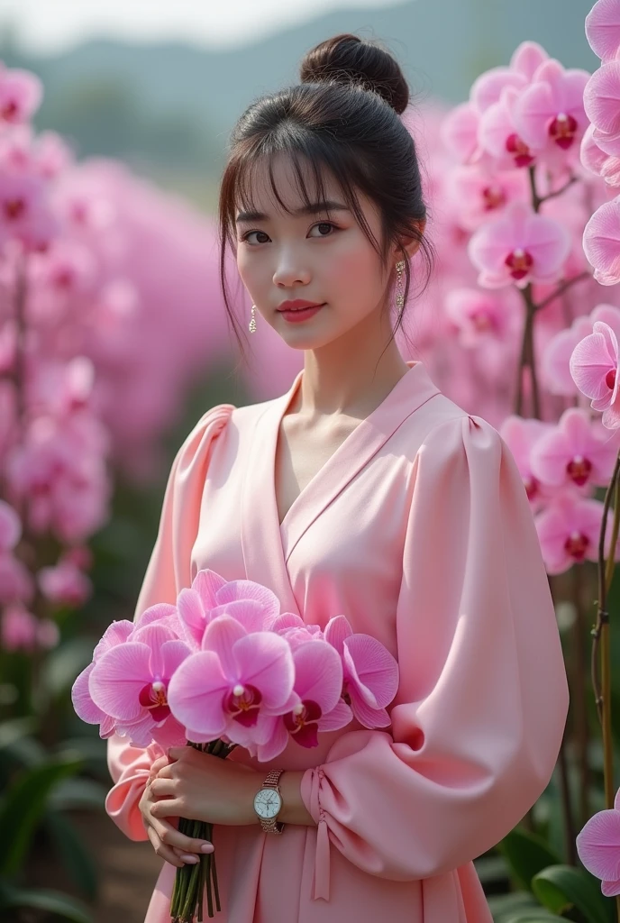 A beautiful Indonesian woman, smooth white skin, well-groomed face,top bun hair, Korean style with bangs, ,wearing a long luxurious dress, closed chest, long fanta pink color,left and right sleeves with beautiful ribbons,balloon sleeve model ,holding a bouquet of pink fanta orchids , ,luxury watch , white shoes, pose standing gracefully, in the grove of pink fanta flowers , Pink panta orchid flowers that bloom beautifully and abundantly. Orchid flower garden background , beautiful very amazing .Realistic original photo